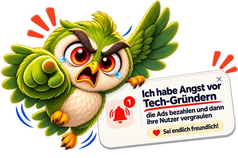 Verheulte Eule h&auml;lt eine Push-Meldung hoch: Ich habe Angst vor Tech-Gr&uuml;ndern, die Ads bezahlen und dann ihre Nutzer vergraulen. Sei endlich freundlich!