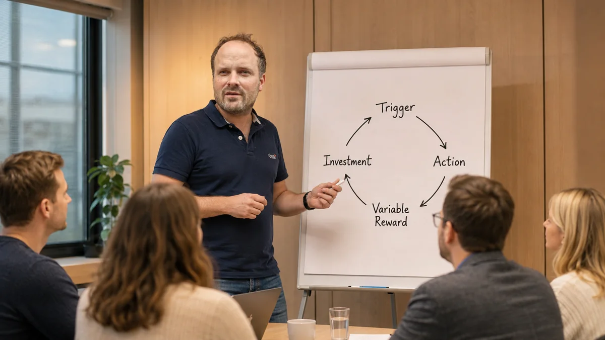 Lucian Katzbach erklärt am Flipchart den Kreislauf aus Auslöser, Handlung, wechselnder Belohnung und Investition, das Team hört zu