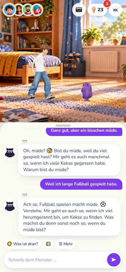 Kinder chatten mit Mumelos über einen Bildschirm.