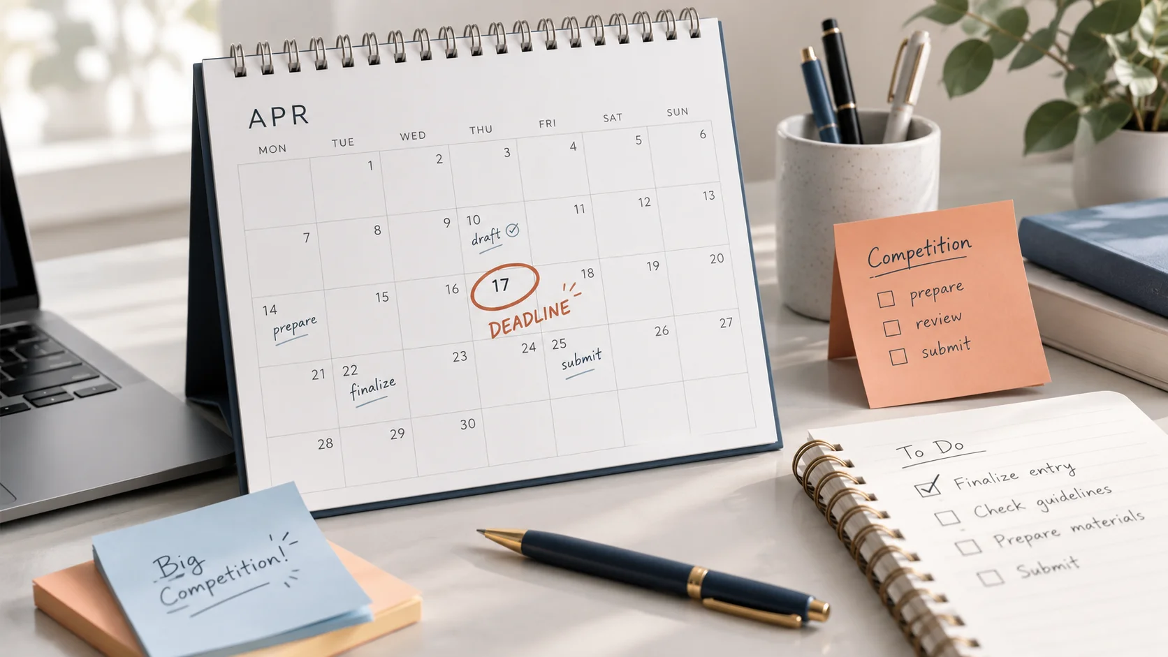 Kalender mit Abgabefrist und Notizen für den Wettbewerb.